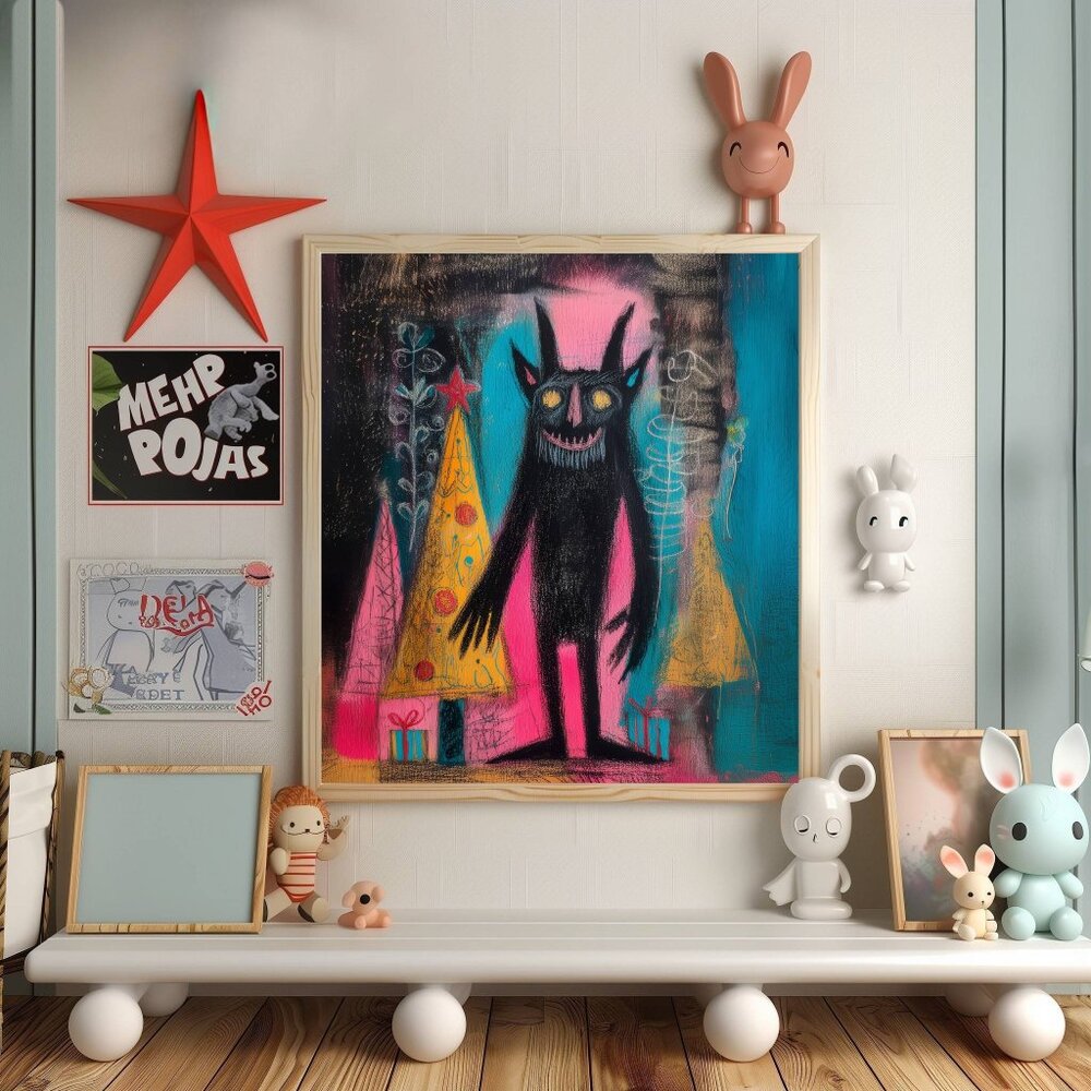 8.5x11 Crayon Style Creepy Neon Krampus Christmas Art Print - Picture 3 of 3